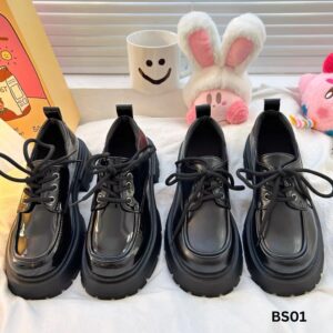 Black thick-soled height-enhancing lace-up small leather shoes for women 2024 new bright leather lace-up loafers spring and autumn socks wear single shoes